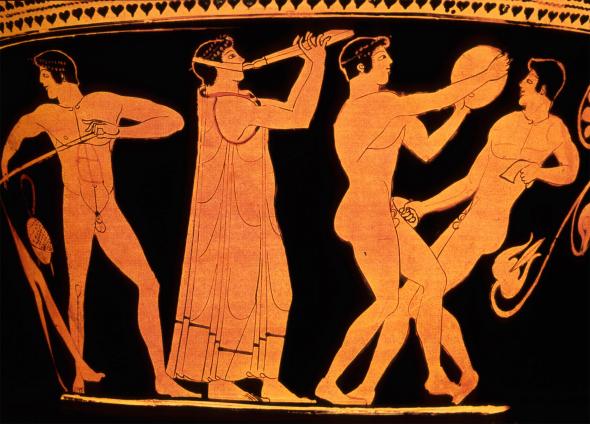Athletics and entertainment intertwine on an ancient Greek vase. Source: ACE Stock Limited/ALAMY